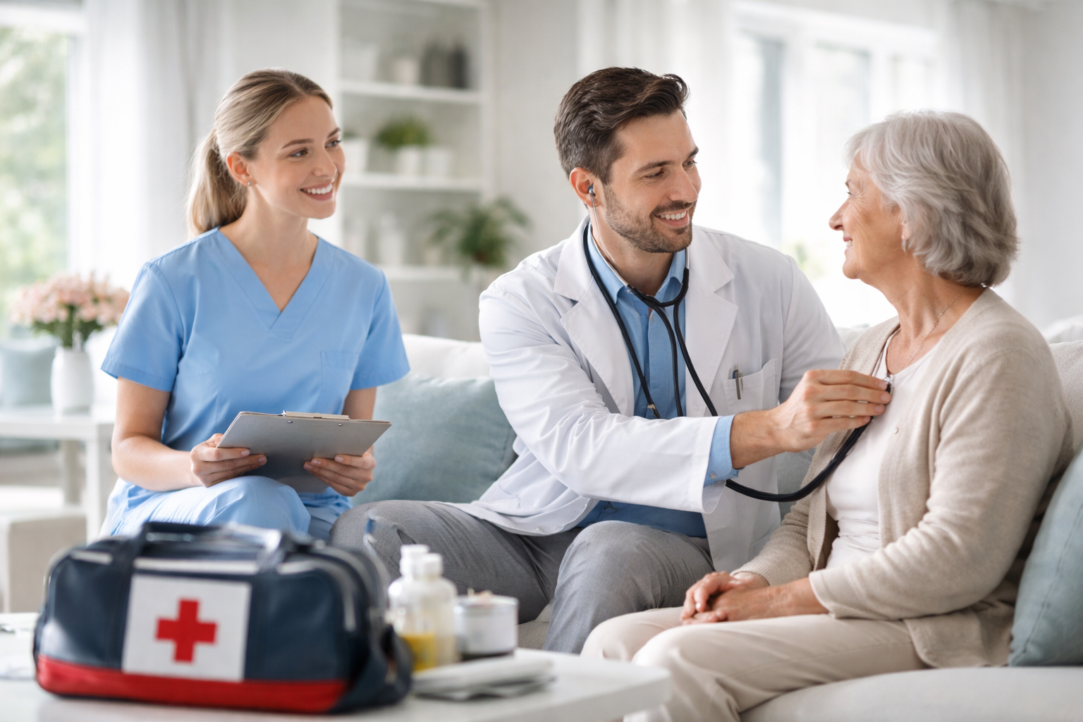 Médecin et infirmière à domicile